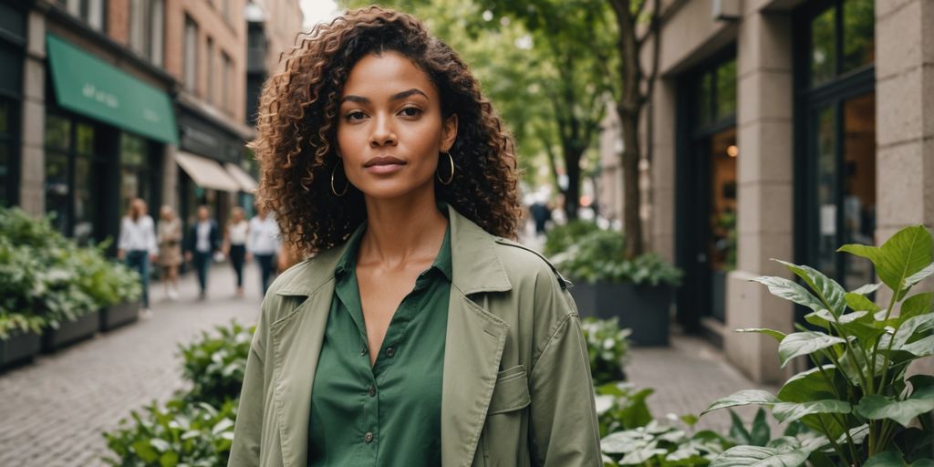 Woman in eco-friendly clothing in urban setting.