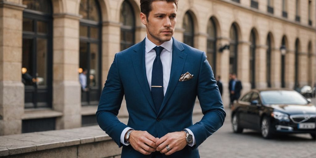 Man in suit with watch and pocket square.