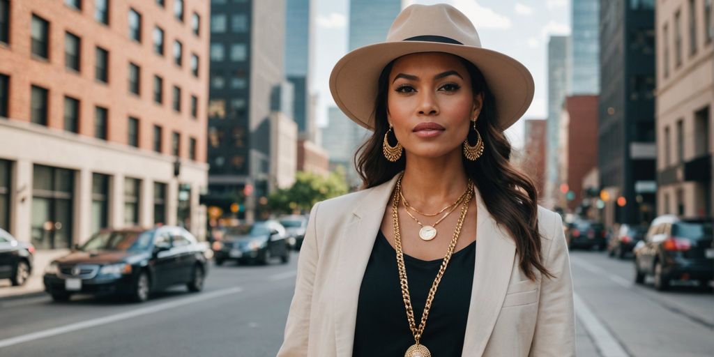 Woman with trendy accessories in urban setting.