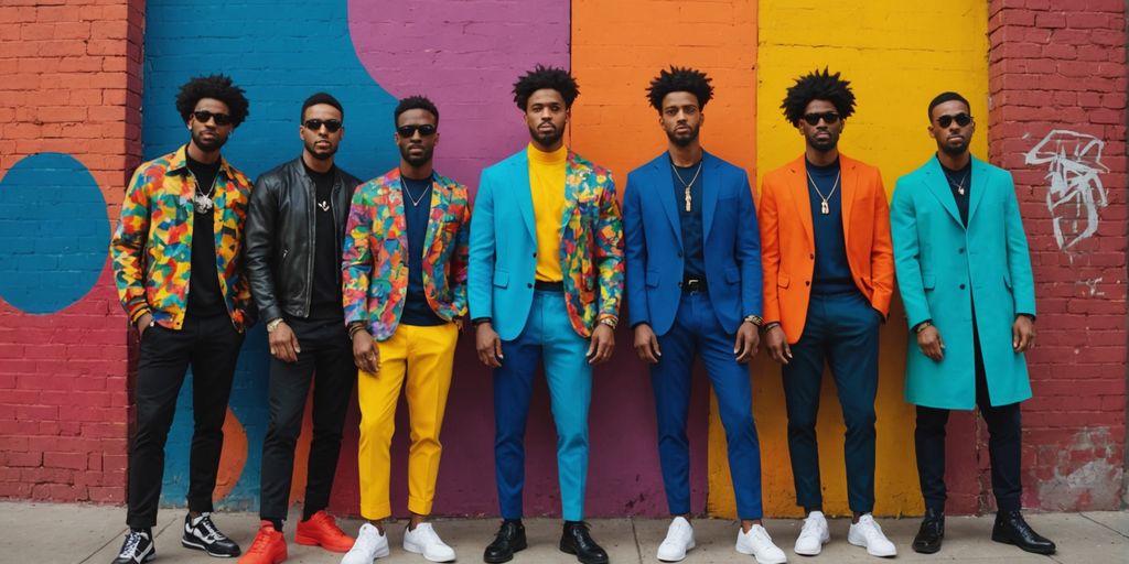 Men in colorful, unconventional outfits in urban setting.