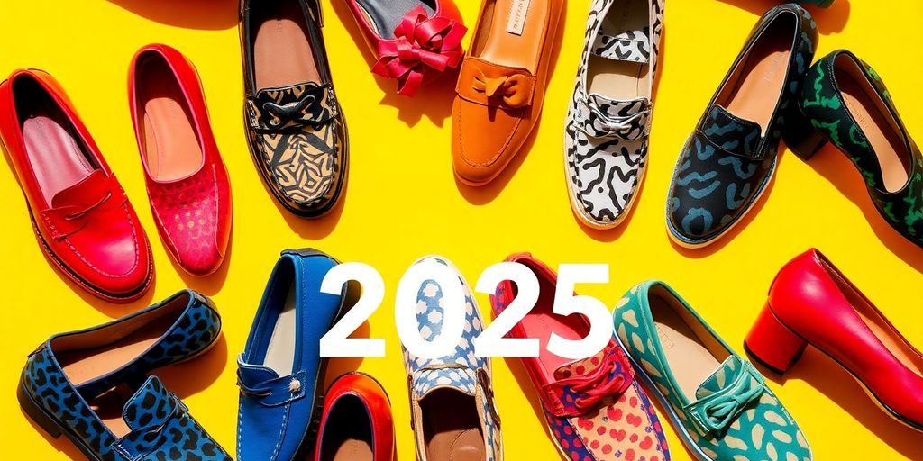 Coleção de sapatos retrô coloridos e estilosos. tendências de calçados para 2025