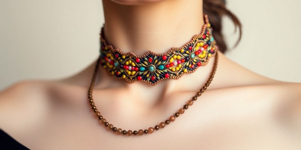 Choker elegante em fundo neutro.