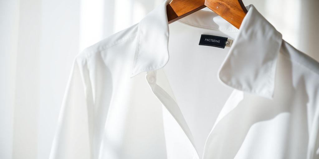 Camisa branca elegante em cabide de madeira.