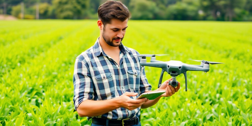 Agricultor digital em campo com tecnologia moderna.