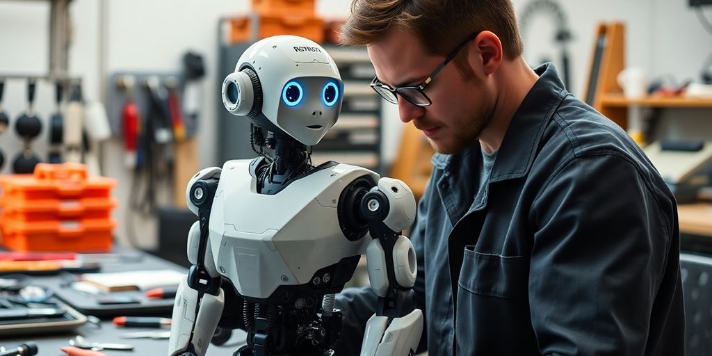 Técnico consertando robô pessoal em oficina moderna.