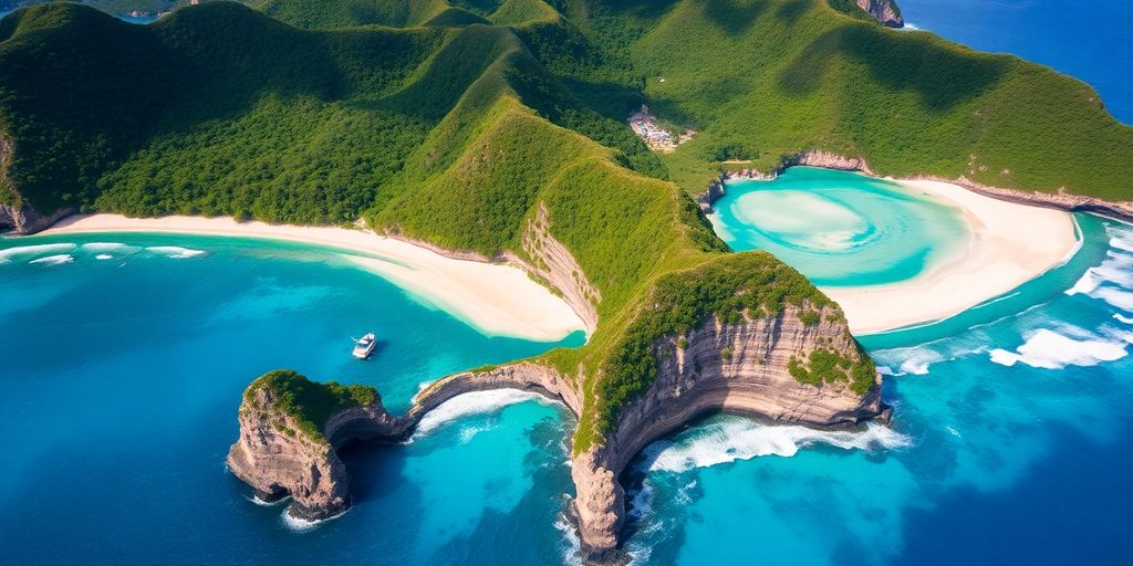 Vista aérea de Fernando de Noronha com praias e montanhas.